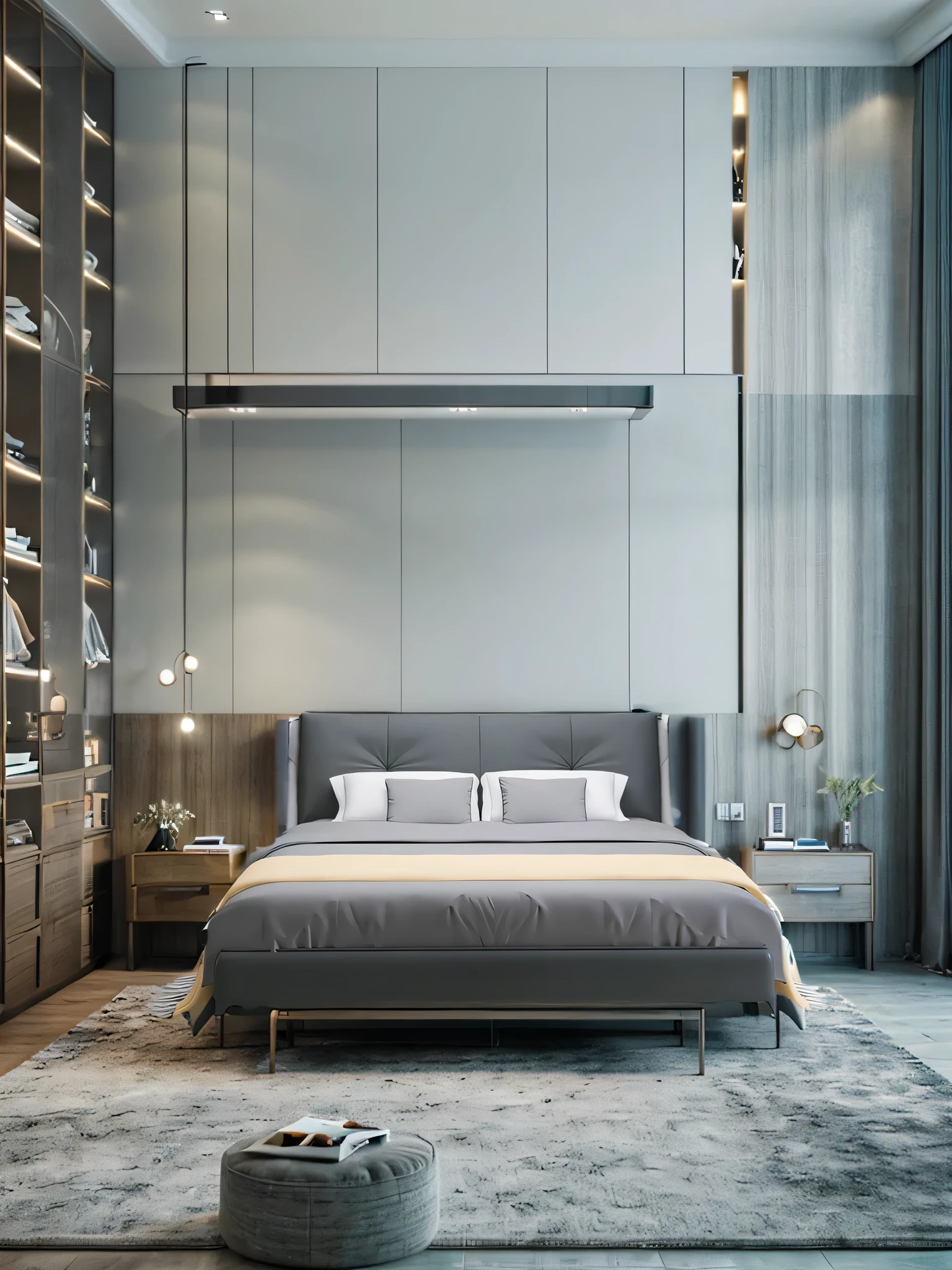 GALAHAD bedroom with bed, Bedside Table, A mirror and a window, bedroom, High quality rendering, Modern and simple, Elegant and sophisticated, Quiet bedroom environment, Simple and beautiful, vray 8k rendering, Corona Rendering, Clean lines, In the bedroom, elegant rendering, very realistic render, High quality 3D rendering