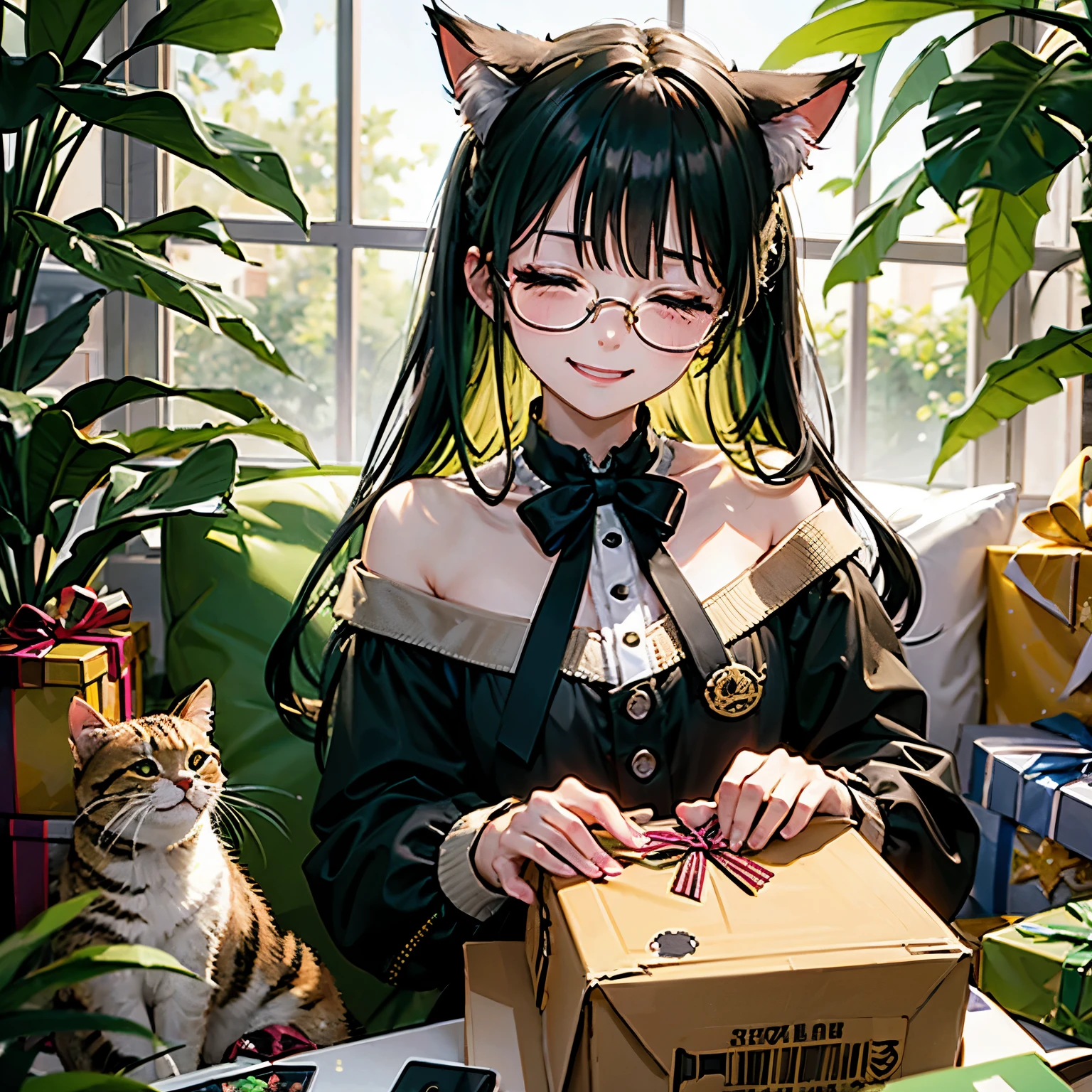 have a box of presents、A cat wearing a dark yellow-green ribbon、Dark yellow-green hair、Dark yellow-green eyes、Glasses、、study、Closed eyes that laughed、Dark lime green clothing、Appearance of being happy and cheerful、one piece、Botanist