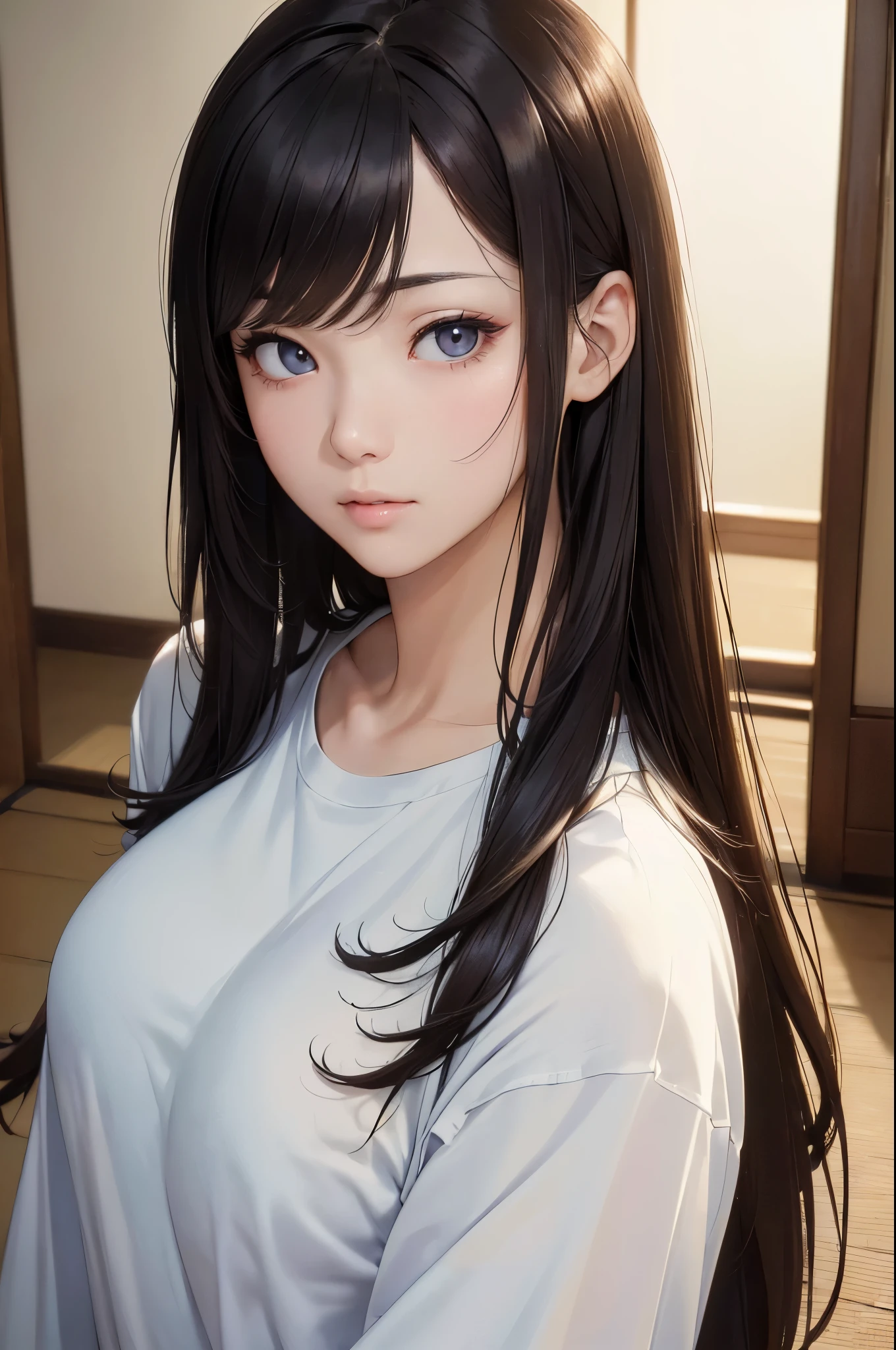 (((masterpiece))),(((High resolution)))、(((8K)))、(((perfect face)))、(((beauty of japan)))、30 years old, ((over size long T-shirt)), look at the camera, (top quality eyes), (detailed face), (detailed texture), look at the camera