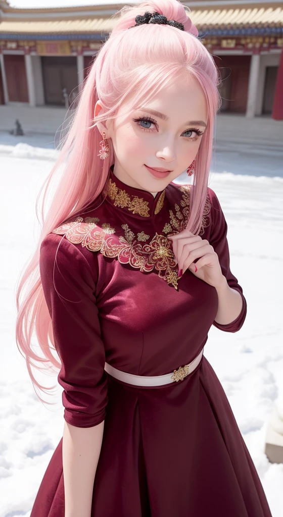 Female((30year old)), hair((straight, pink)), eyes((smart eyes, black)), clothes((velvet, dress, red, maroon)), hair ribbon, braid hair, chocker, pom pom earrings, gigantic , Forbidden City Beijing, smiling, snow flake, Christmas ornaments,