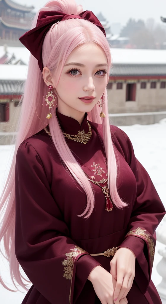 Female((30year old)), hair((straight, pink)), eyes((smart eyes, black)), clothes((velvet, dress, red, maroon)), hair ribbon, braid hair, chocker, pom pom earrings, gigantic , Forbidden City Beijing, smiling, snow flake, Christmas ornaments,