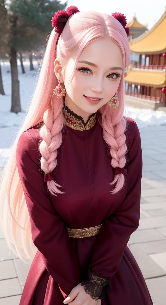 Female((30year old)), hair((straight, pink)), eyes((smart eyes, black)), clothes((velvet, dress, red, maroon)), hair ribbon, braid hair, chocker, pom pom earrings, gigantic , Forbidden City Beijing, smiling, snow flake, Christmas ornaments,