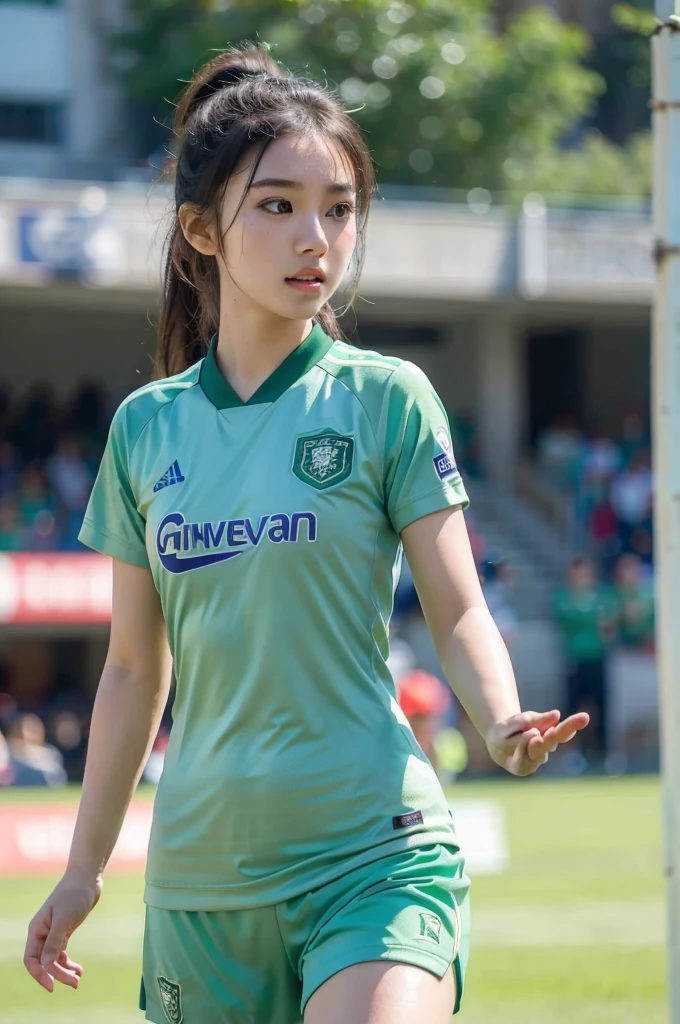beautiful detail, best quality, 8k, highly detailed face and skin texture, high resolution, cute asian girl in green soccer uniform at stadium, sharp focus