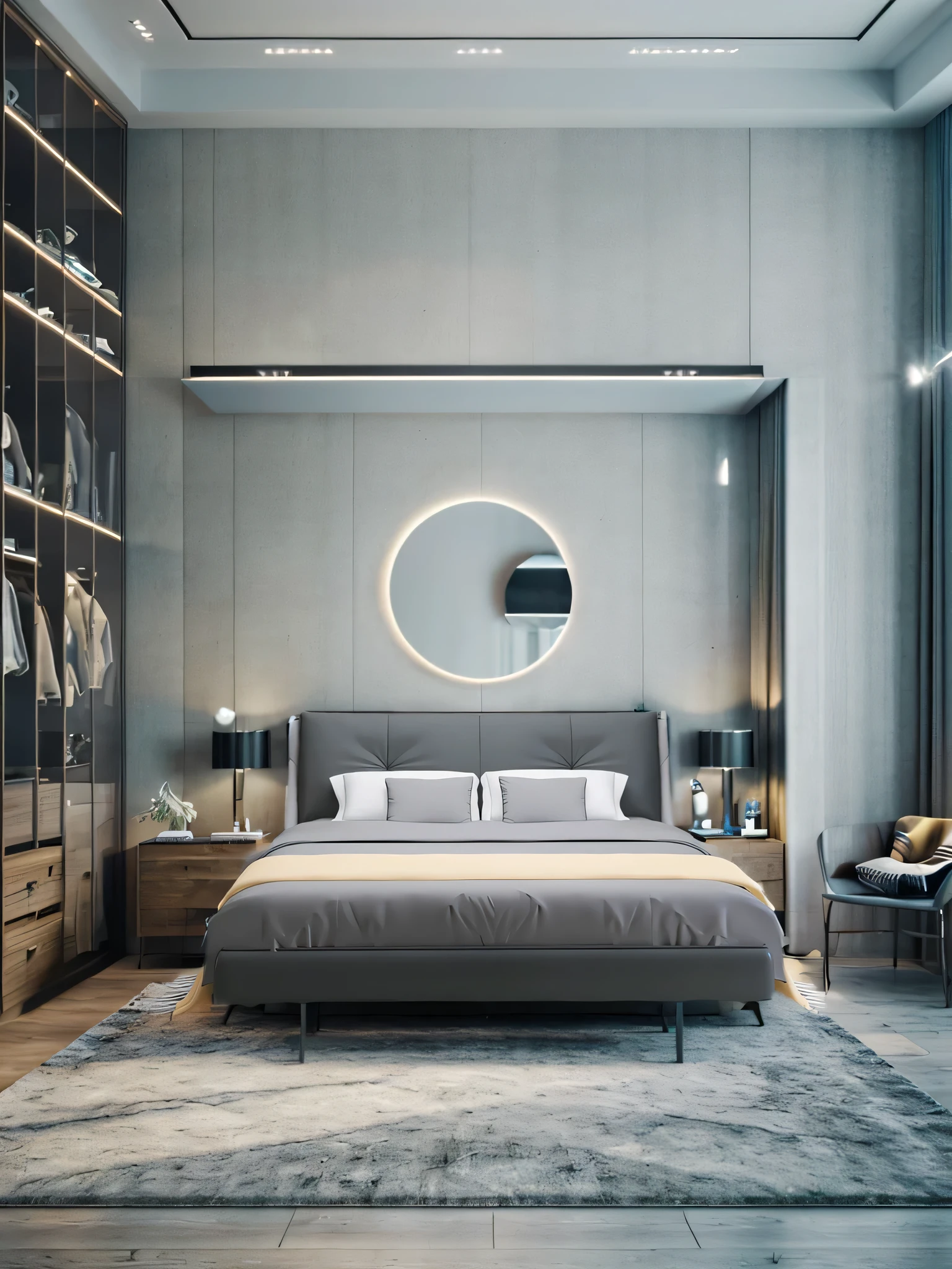 GALAHAD bedroom with bed, Bedside Table, A mirror and a window, bedroom, High quality rendering, Modern and simple, Elegant and sophisticated, Quiet bedroom environment, Simple and beautiful, vray 8k rendering, Corona Rendering, Clean lines, In the bedroom, elegant rendering, very realistic render, High quality 3D rendering