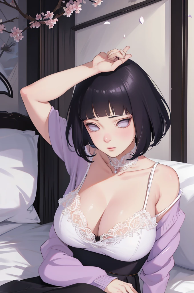 { - anatomy error} (Masterpiece - Ultra-detailed, very high resolution) (huge titusty, masterpiece, absurdres, hinata\(boruto\), 1girl, solo,mature female, off-shoulder bra, high waist black short skirt, looking at viewelling petals), perfect composition, detailed lips, big breast, beautiful face, body propotion, blush, (pink lips), short hair, (black hair), purple eyes, soft gaze, super realistic, detailed, photoshoot, realistic face and body, closed mouth, sitting on the bed , lilac eyes, upper body, lace clothes, backwards, looking back, with chin resting on shoulder, perfect fingers