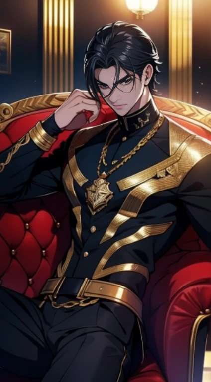 homem de pele branca, Olhos vermelhos brilhantes, poderoso, cabelo preto encaracolado, masculino, estilo anime, Imagem 4K, esperando ansiosamente, epic, Cinematic, quente, fundo da sala do trono de cristal, usando joias de ouro, Use armadura brilhante e brilhante, incrivelmente detalhado, detalhes legais