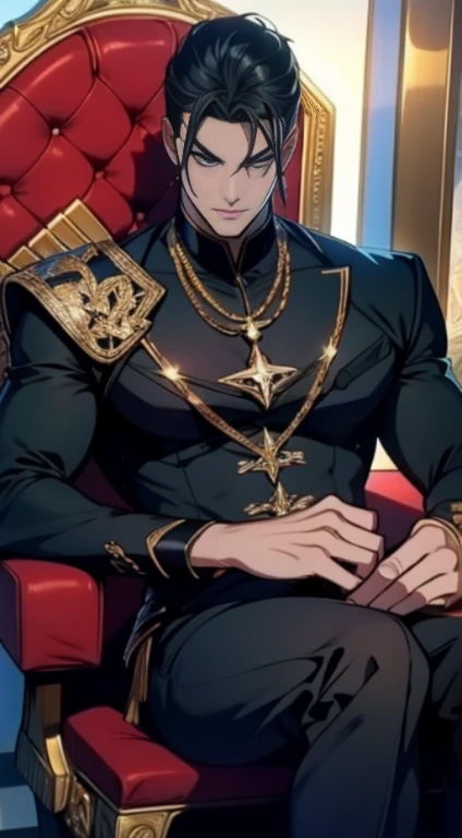homem de pele branca, Olhos vermelhos brilhantes, poderoso, cabelo preto encaracolado, masculino, estilo anime, Imagem 4K, esperando ansiosamente, epic, Cinematic, quente, fundo da sala do trono de cristal, usando joias de ouro, Use armadura brilhante e brilhante, incrivelmente detalhado, detalhes legais