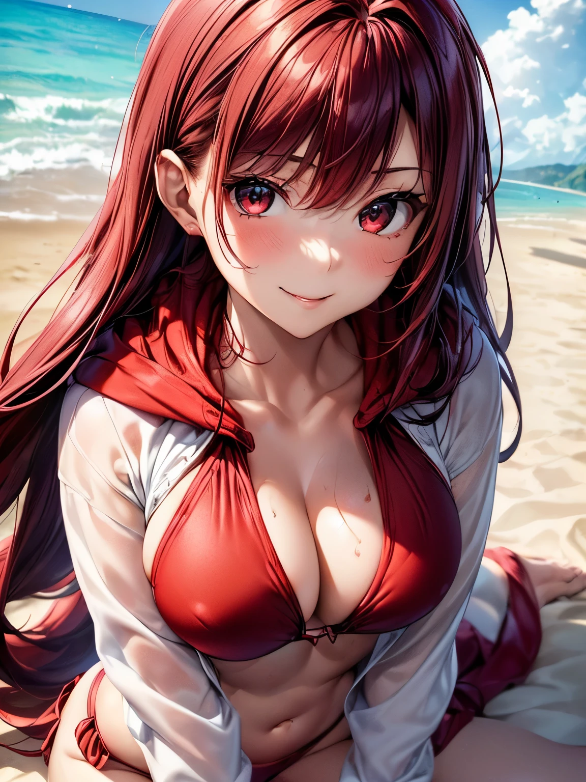 highest quality、Nice sexy body、One Woman、(solo)、((Beautiful busty woman:1.6))、(((Woman with dark red hair:1.3)))、Long hair woman、(((Woman in a red bikini:1.3)))、(((A woman wearing a white hoodie)))、smile、Beach House、Shonan sea