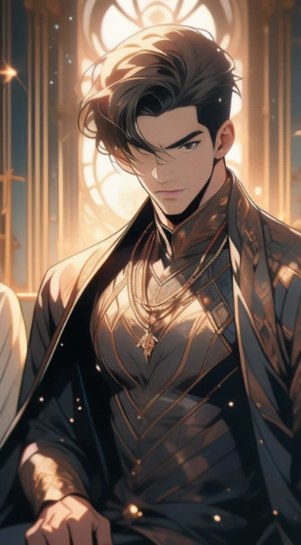 homem de pele branca, Olhos vermelhos brilhantes, poderoso, cabelo preto encaracolado, masculino, estilo anime, Imagem 4K, esperando ansiosamente, epic, Cinematic, quente, fundo da sala do trono de cristal, usando joias de ouro, Use armadura brilhante e brilhante, incrivelmente detalhado, detalhes legais