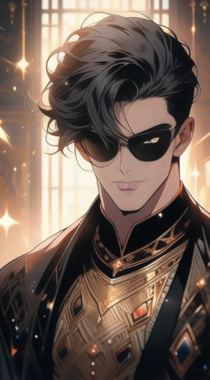 homem de pele branca, Olhos vermelhos brilhantes, poderoso, cabelo preto encaracolado, masculino, estilo anime, Imagem 4K, esperando ansiosamente, epic, Cinematic, quente, fundo da sala do trono de cristal, usando joias de ouro, Use armadura brilhante e brilhante, incrivelmente detalhado, detalhes legais