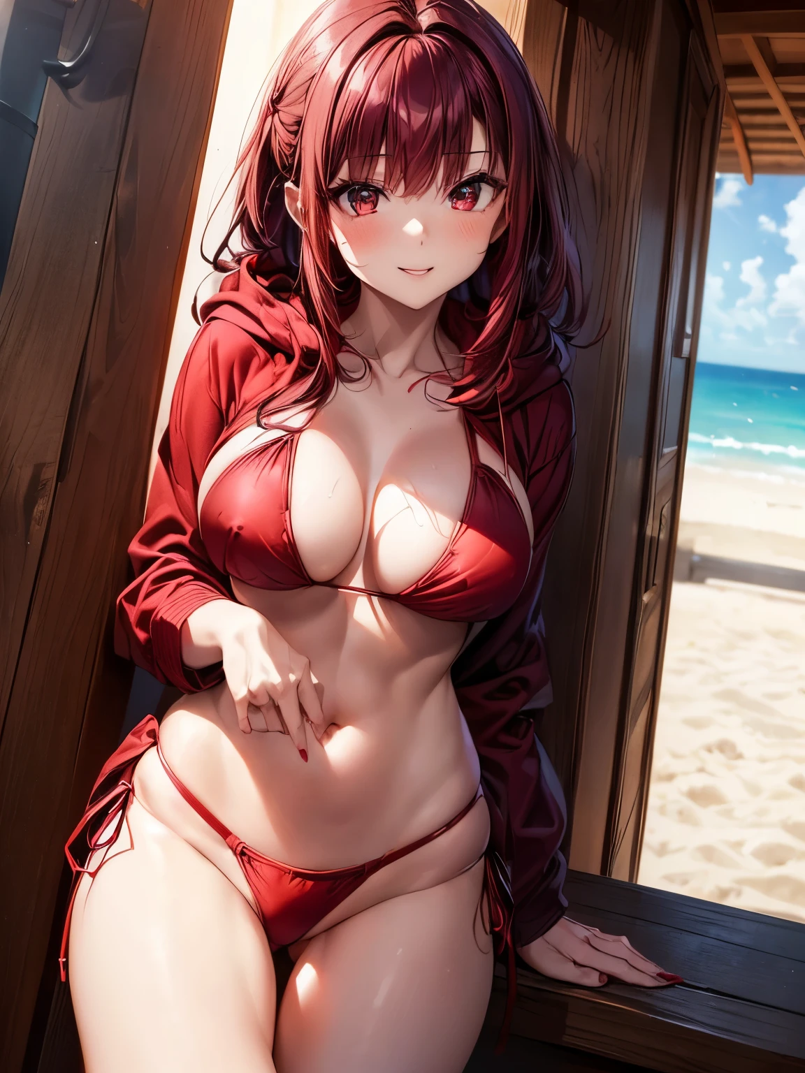 highest quality、Nice sexy body、One Woman、(solo)、((Beautiful busty woman:1.6))、(((Woman with dark red hair:1.3)))、Long hair woman、(((Woman in a red bikini:1.3)))、(((A woman wearing a white hoodie)))、smile、Beach House、Shonan sea