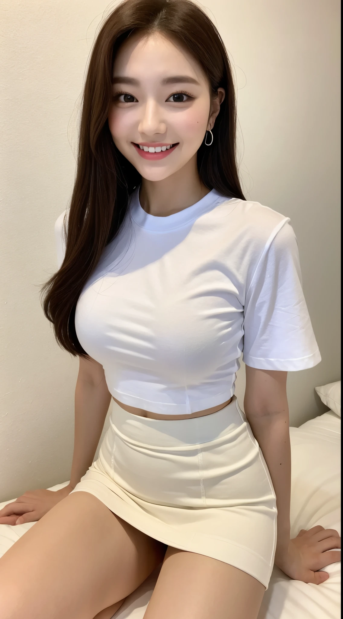 White tight shirt、White tight mini skirt、bed、smile、Short sleeve、high resolution、Korean idol face、double eyelid、White teeth
