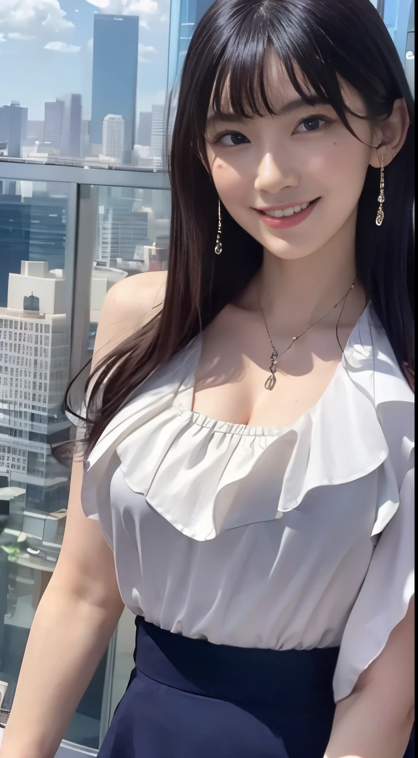 ((highest quality, 8k, masterpiece :1.3)), (Cute Japanese announcer with a perfect body), (Big Breasts:1.2), Long black hair, smile, shirt, mini skirt, Television Studio, Weather News, A very large display showing the cityscape, Highly detailed face and skin texture,