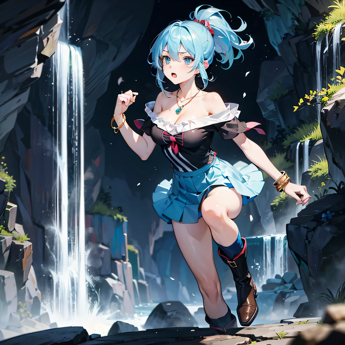 Anime Moe Art Style,highest quality,High resolution,Anatomically correct,One Girl,-teegirl with light blue hair in a ponytail,Super detailed,off shoulder tops,mini skirt,short boots,Big Breasts,Cleavage,Active,Serious expression,Brave,Screaming,A rich expression,Eyes drawn in detail,necklace,ring,hair ornaments,bracelet,Upper kick,Roundhouse kick,Cave with a waterfall,8K