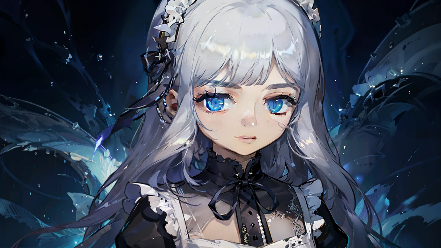 (in the dark: 1.6), Surreal female portraits of David Hockney and Alphonse Mucha, fantasy art, photorealism, dynamic lighting, art station, poster, volumetric lighting, very detailed face, 4K, Awards,, 1 woman, in the dark, deep shadows, low key, cowboy lenses, (maid outfit: 1.4), long hair, gray hair, bust, Luxurious palace, royal style, Crown on the head,