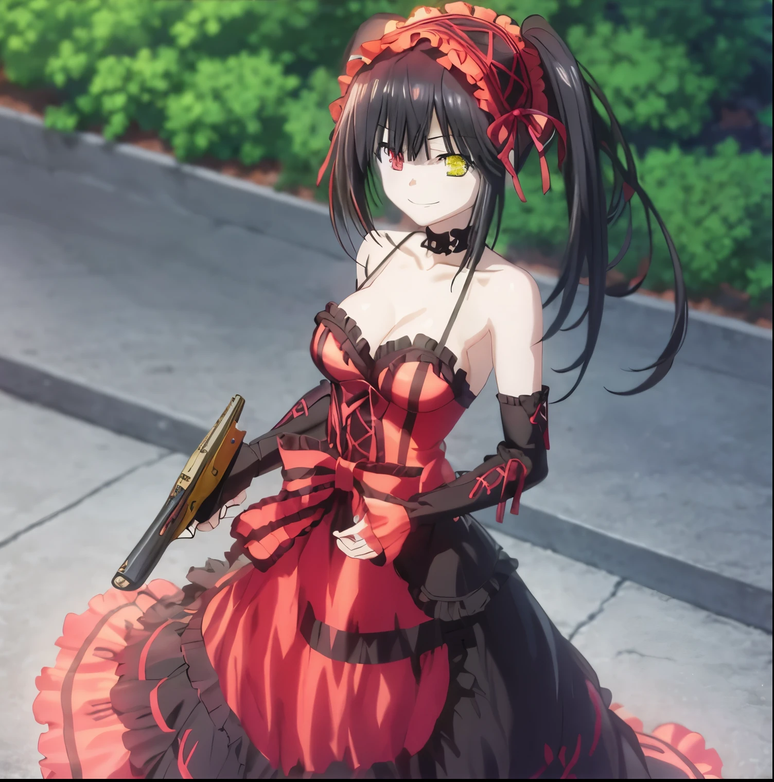 1girl, alone,kurumi tokisaki,masterpiece, best quality, highres, 1girl, aakurumi, long hair, twintails, hairband, heterochromia, medium breasts, cleavage, black choker, red ribbon, bare shoulders, gothic, red dress, red bow, detached sleeves, red skirt, holding weapon, gun, outdoors, smile, holding Gun, perfect hands, perfect anatomy