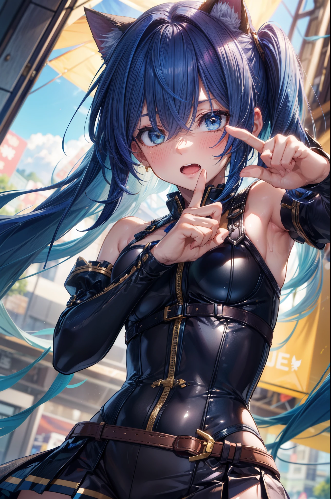 hair above right eye, sleeveless shirt, (black shirt), detached sleeves, (skirt), thighhighs, thigh boots, break, long hair, ((blue hair1.5)), (cat ears), straight hair, ((long tri tails)), (((4 defined fingers))), (((1 defined thumb))), (looking at viewer), break, sexy, ((solo)), (1 cute girl), ((10 years old)), AI generated, ((highest quality)), ((masterpiece)), (familiar),  skindentation, perfect face, 8k , upper body, break, break, blue eye, ((embarrassed)), small breasts, perfect limbs, sexy, (sexy pose), , (dutch angle), dynamic pose, (close up), ((from below)),