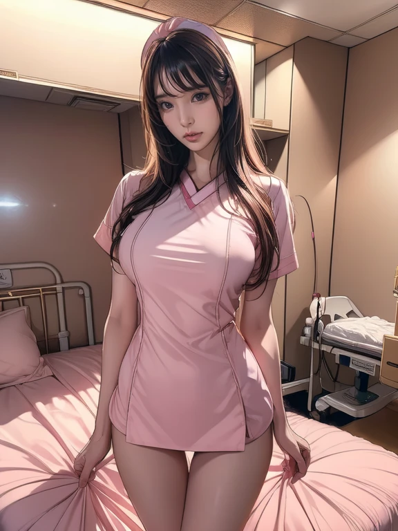 Pornographic Images,Cinematic scene,Fantasy Art,Highest image quality,hyperrealistic portrait,(8K),Ultra-realistic,Best Quality,High quality,High Definition,high quality texture,high detailing,Beautiful detailed,fine detailed,extremely details CG,Detailed texture,realistic representation of face,masutepiece,presence,Dynamic,Bold,1gir,(ideal ratio body proportions:1.5),Ultra detailed skin,Curve,,Beautiful breasts,Large breasts,pale skin,(Thin hair),(Soft hair),(ultra straight hair),Swept long bangs,very light coppery amber hair,Hair over one eye,(pink nurse uniform:1.3),(gravure pose:1.5),(hospitals、Hospital Room、Patient bed:1.5)