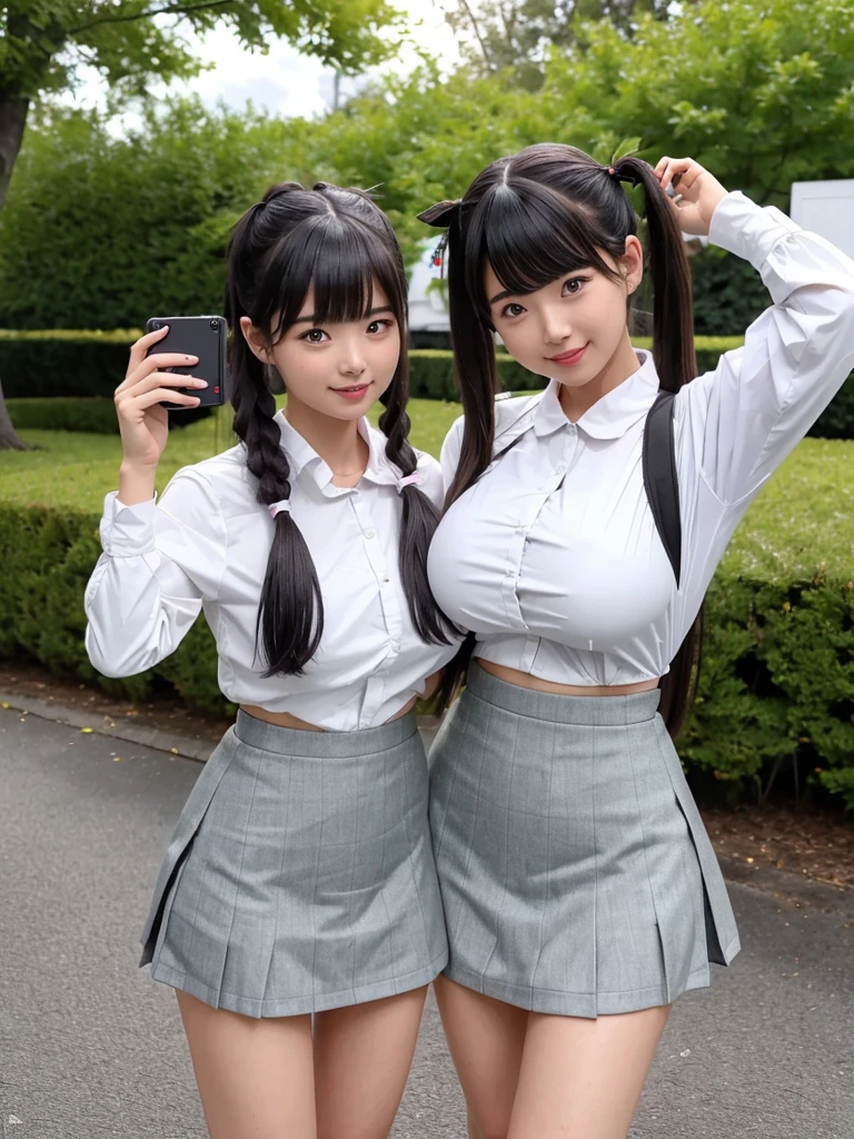 (8K,RAW Photos,highest quality,masterpiece:1.5),Two girls taking a photo in front of a tree, sakimichan, Chiho, ponytail, 🍁 cute, Ulzzang, 🚿🗝📝, Twin tail hairstyle, seifuku, 8k selfie, shikamimi, Two Pigtails Hairstyle, Middle Metaverse, Twin tails white_gloves,(Huge breasts:1.3), (mini skirt), (whole body:1.2)