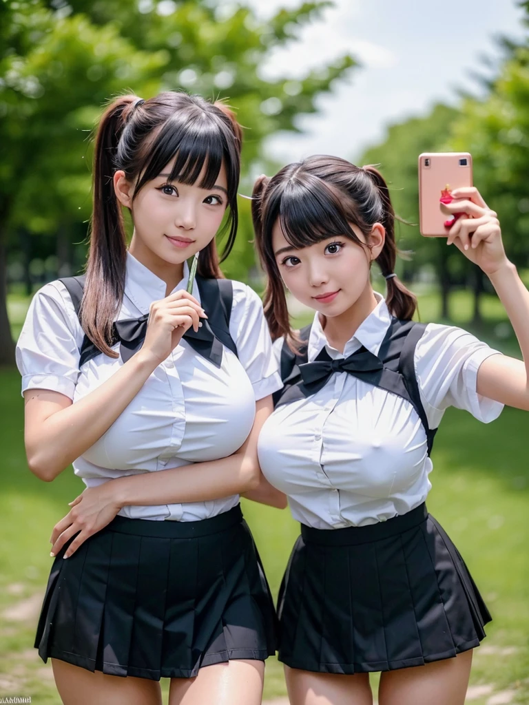 (8K,RAW Photos,highest quality,masterpiece:1.5),Two girls taking a photo in front of a tree, sakimichan, Chiho, ponytail, 🍁 cute, Ulzzang, 🚿🗝📝, Twin tail hairstyle, seifuku, 8k selfie, shikamimi, Two Pigtails Hairstyle, Middle Metaverse, Twin tails white_gloves,(Huge breasts:1.3), (mini skirt), (whole body:1.2)