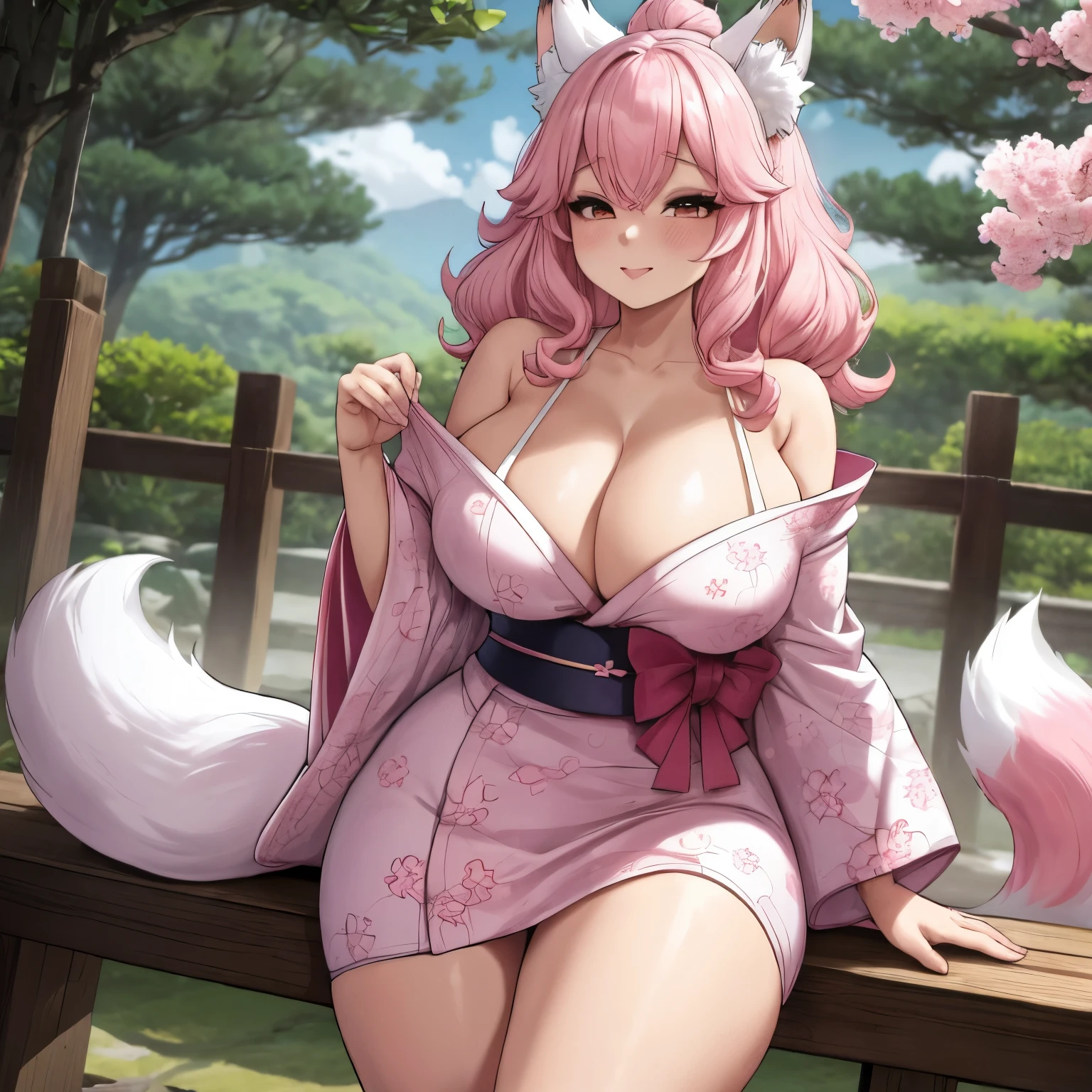 By bebebebebe, by spuydjeks, by buta99, by spikedmauler. a cute kitsune, busty, showing cleavage, wearing pink and white flower japanese kimono, has fox ears, has mutliple fox tails, curvy, cute, busty, has a feint aura, solo, alone, (SOLO)(ALONE) has long wavy big curly pastel pink hair, long kimono, in japanese garden