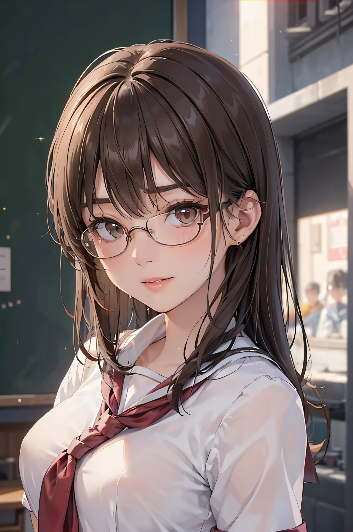 (pieces fly: 1.3), (maximum resolution: 1.2), (ultra high definition tv: 1.2), cinema light, 8K resolution, fine eyes and skin, detailed face, (sharp focus on breasts: 1.2, (The focus is on the face:1.2), perfect style, cute face, Accurate, anatomically correct, Highly detailed face and skin texture, double eyelid, thin eyebrows, glitter eyeliner: 1 natural cheek, shiny skin, Fair skin, Glossy skin: 1.2, (glossy lips: 1.4), (embarrassed look: 1.2), 20 year old woman, (highest quality:1.2), angle from below, cinematic lighting, perfect style, beautiful face, blush, humiliation, impatience, glare, embarrassing, surprised expression, smile, (school uniform:1.5), full of sweat, light brown hair, green ash eye, soaking wet, (fascinating body:1.2), ultra fit clothes, Glasses,
