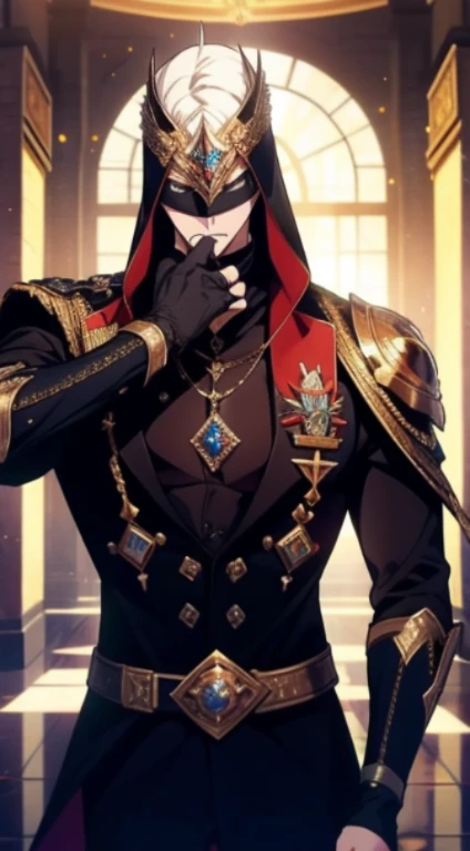 homem de pele branca, Olhos vermelhos brilhantes, poderoso, cabelo preto encaracolado, masculino, estilo anime, Imagem 4K, esperando ansiosamente, epic, Cinematic, quente, fundo da sala do trono de cristal, usando joias de ouro, Use armadura brilhante e brilhante, incrivelmente detalhado, detalhes legais