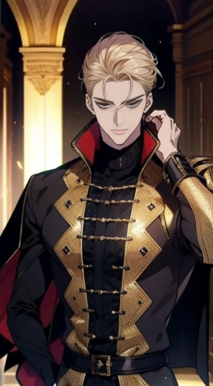 homem de pele branca, Olhos vermelhos brilhantes, poderoso, cabelo preto encaracolado, masculino, estilo anime, Imagem 4K, esperando ansiosamente, epic, Cinematic, quente, fundo da sala do trono de cristal, usando joias de ouro, Use armadura brilhante e brilhante, incrivelmente detalhado, detalhes legais