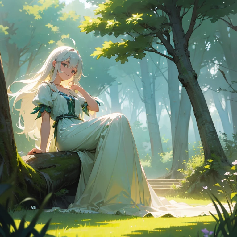 (best quality,4k,8k,highres,masterpiece:1.2),ultra-detailed,(realistic,photorealistic,photo-realistic:1.37),portrait,anime,green style,Nadja,the grass deity,sitting on a tree,curious,white hair,vivid colors,lush greenery,detailed foliage,sparkling sunlight,natural lighting,soft shadows,ethereal atmosphere,expressive eyes,sweet smile,flowing dress,elegant pose,fantasy landscape,dreamlike scenery,magical elements,peaceful ambiance,serene setting,a ray of light illuminating the scene,subtle breeze,harmony with nature.