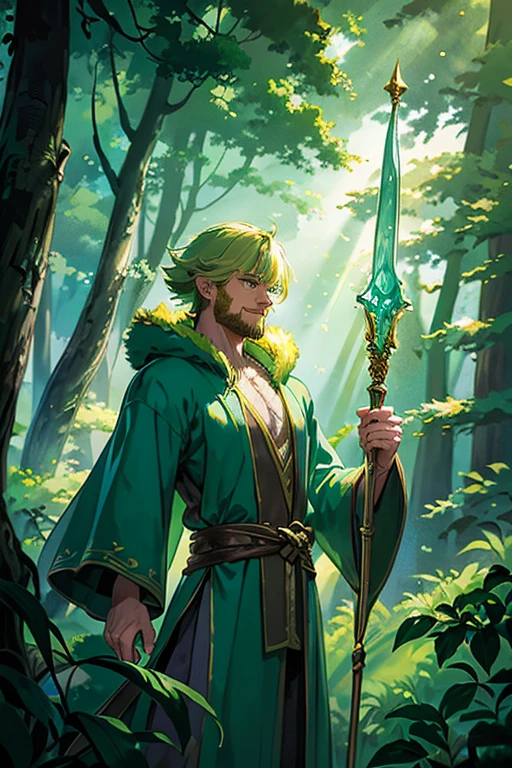young male, bara wizard, short beard, long straight wooden wizard staff in one hand, green arcane wizard robe, enchanting and dreamy scene of a fantasy forest, dense forest, pastel colors, oil painting, sense of enchantment, smiling, particles of light, military cut blonde hair, extremely muscular physique, green fur cloak