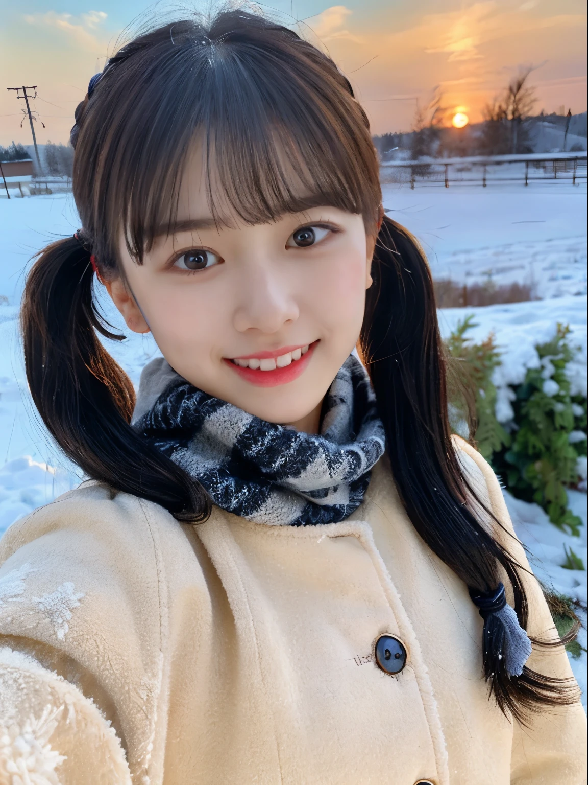 (She has a slim figure, small breasts and long hair in twin tails.、Close-up portrait of a girl wearing a winter coat and a scarf :1.5)、(One girl with little smile and hair fluttering in the wind :1.3)、(Beautiful snowy sunset sky:1.5)、(Perfect Anatomy:1.3)、(No mask:1.3)、(Full Finger:1.3)、Realistic、photograph、Tabletop、highest quality、High resolution, Delicate and beautiful、Perfect Face、Beautiful fine details、Fair skin、Real human skin、pores、((Thin legs))、(Black Hair)、Completely naked、naked,