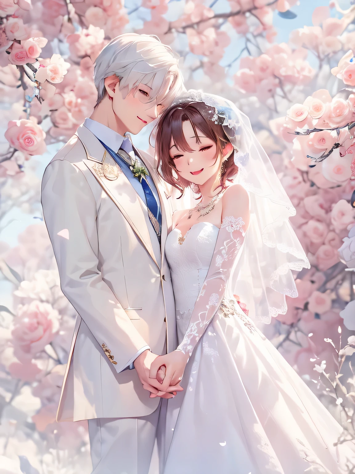 masterpiece, One girl, One boy, dress, Two people, wedding style dress, tie, Couple, smile, Strapless dress, close your eyes, pants, Strapless, Veil, flower, Long Hair, Holding, jewelry, gloves, shirt, necklace, flower bunch, white pants, Holding flower bunch, white dress, blue eyes, white shirt, Open jacket, Holding hands, elbow gloves, white gloves, White jacket, pink tie, bridal Veil, White Background, wedding style, couple, Long sleeve, long dress, pink flower, short hair, Are standing, Novel cover