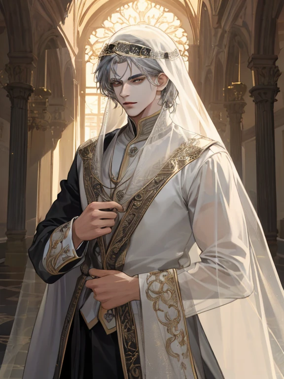(extremamente delicado e lindo:1.2), 8k, (obra de arte, melhor:1.0), Dois homens, corpo completo, uma loira, de cabelos pretos, see through , Cavaleiros, Man wearing veil、Casamento entre rapazes, lugar sagrado, e detalhes intrincados, e detalhes intrincados, olhos finos e rosto detalhado, olhos perfeitos, Olhos iguais, (Um deus masculino), fantastic lights and shadows、paisagens、florais, Usa luz de fundo e luz de aro