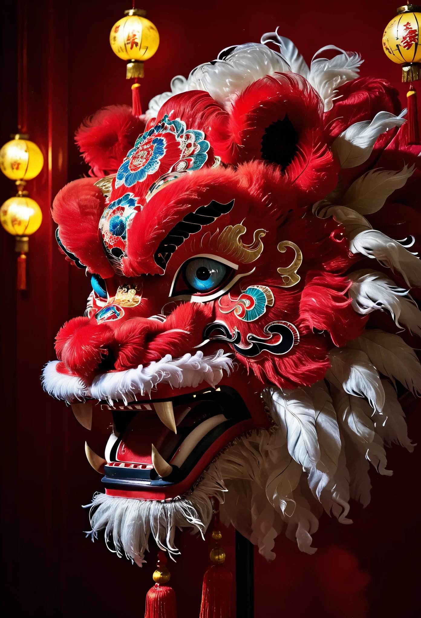 (best quality, masterpiece:1.2), ultra-detailed, Chinese lion dance lion head statue on table, (Lion dance lion head:1.8), Red and white furry, Red pompom decoration, pigment, exquisitely crafted, red gemstone eyes, blue gemstone forehead decoration, ornate and luxurious lion head artwork, Chinese elements, traditional culture, traditional craftsmanship, beautifully handcrafted, regal and majestic, sparkling gemstones, lifelike details, vibrant colors, shiny polished surface, decorative piece, East Asian heritage, Cultural heritage, antique, bronze sculpture, symbol of power and strength, traditional lion dance, eye-catching centerpiece, intricate design, authentic representation, impressive craftsmanship., 4k, 8k, highres,1 unicorn,Metal lion dance head,Miracle Lights,