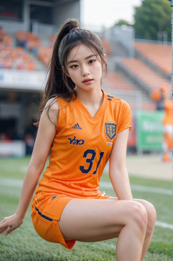 beautiful detail, best quality, 8k, highly detailed face and skin texture, high resolution, cute asian girl in orange soccer uniform at stadium, sharp focus