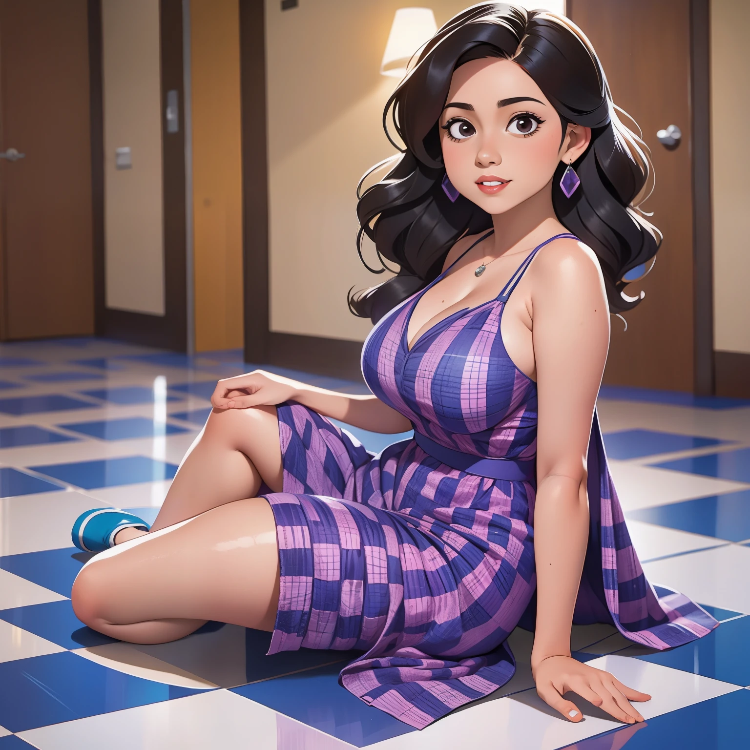 arafed woman in a checkered dress posing for a picture, beautiful mexican woman, gorgeous latina face, alone gorgeous latin woman, cute checkerboard sundress, gorgeous woman, violet myers, blue checkerboard dress, gorgeous beautiful woman, beautiful asian girl, lorena avarez, beautiful image, stunning woman, on a checkered floor, very beautiful woman