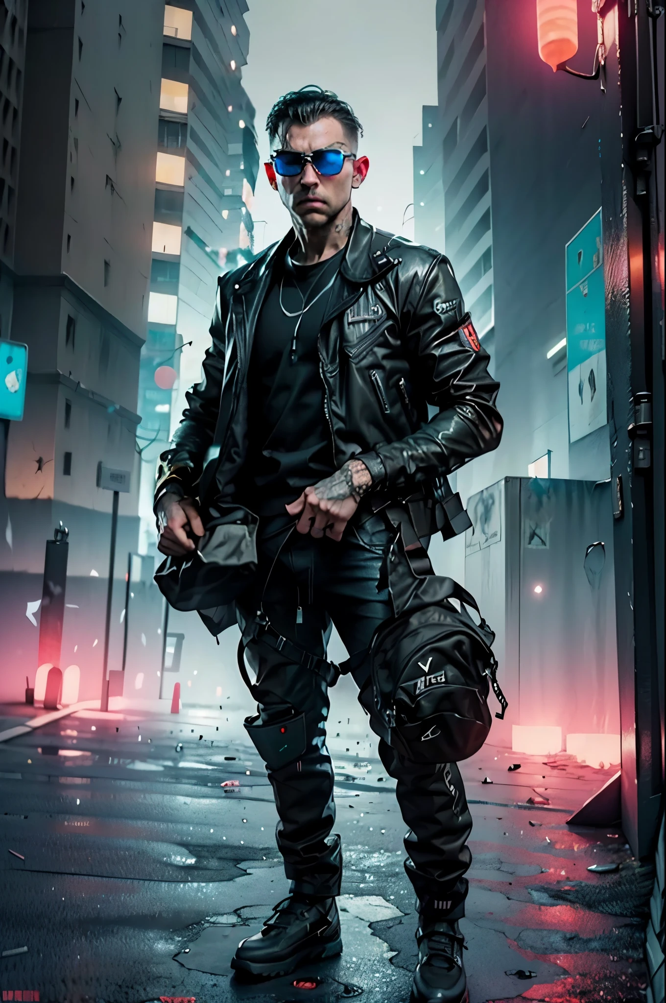 ((best quality)), ((masterpiece)), (very detailed body and face:1.3), 3D, Beautiful (cyberpunk:1.3) Beautiful young man with hair shaved on the sides and a petrol blue mohawk, VERY DETAILED AND BRIGHT, ((with weapons in his hands) ), (((futuristic Mad Max movie style background))), (((pink and cyan neon lights at night))), night image, at night, 32k
