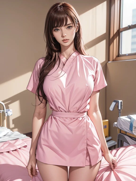 Pornographic Images,Cinematic scene,Fantasy Art,Highest image quality,hyperrealistic portrait,(8K),Ultra-realistic,Best Quality,High quality,High Definition,high quality texture,high detailing,Beautiful detailed,fine detailed,extremely details CG,Detailed texture,realistic representation of face,masutepiece,presence,Dynamic,Bold,1gir,(ideal ratio body proportions:1.5),Ultra detailed skin,Curve,,Beautiful breasts,Large breasts,pale skin,pointed breast,Erect nipples,(Thin hair),(Soft hair),(ultra straight hair),Swept long bangs,very light coppery amber hair,Hair over one eye,(pink nurse uniform:1.3),(gravure pose:1.5),(hospitals、Hospital Room、Patient bed:1.5)