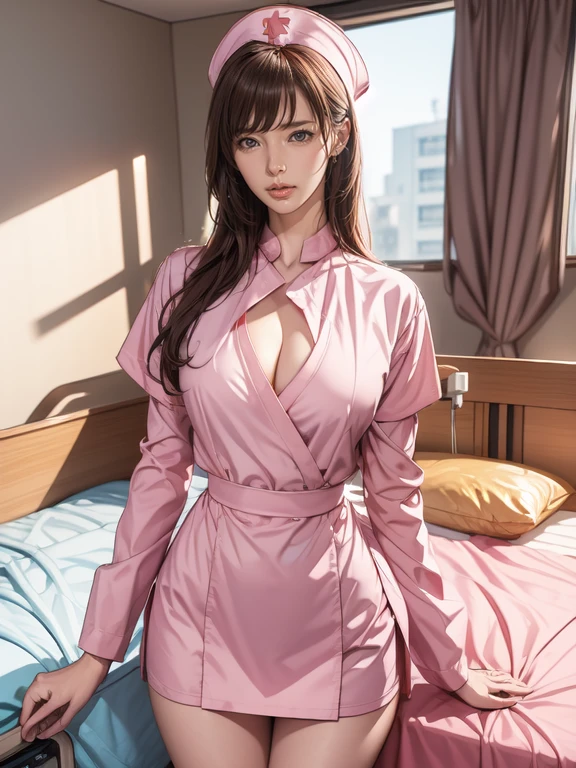 Pornographic Images,Cinematic scene,Fantasy Art,Highest image quality,hyperrealistic portrait,(8K),Ultra-realistic,Best Quality,High quality,High Definition,high quality texture,high detailing,Beautiful detailed,fine detailed,extremely details CG,Detailed texture,realistic representation of face,masutepiece,presence,Dynamic,Bold,1gir,(ideal ratio body proportions:1.5),Ultra detailed skin,Curve,,Beautiful breasts,Large breasts,pale skin,pointed breast,Erect nipples,(Thin hair),(Soft hair),(ultra straight hair),Swept long bangs,very light coppery amber hair,Hair over one eye,(pink nurse uniform:1.3),(gravure pose:1.5),(hospitals、Hospital Room、Patient bed:1.5)
