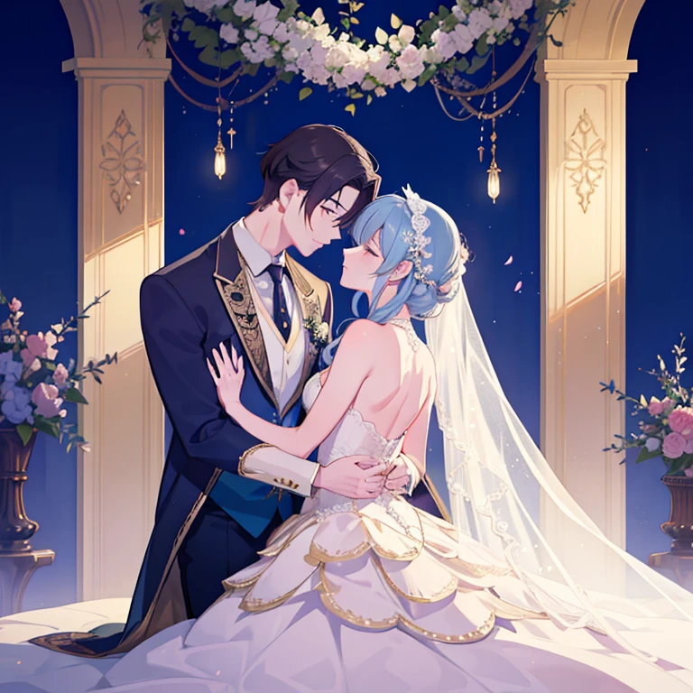"Yaoi Wedding, Elegant and romantic, Breathtakingly beautiful, Exquisite detail, Great lighting, Tender affection, Dreamy atmosphere, Emotional and heartfelt, Captivating Expressions, Complicated costumes, Passionate embrace, fascinating background, Symbolic gestures, Two boys