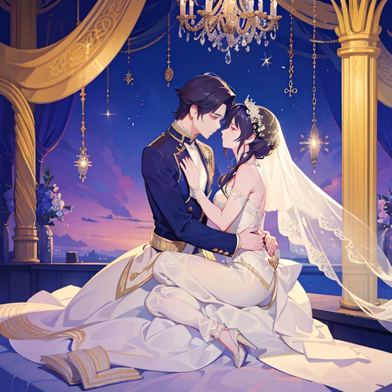 "Yaoi Wedding, Elegant and romantic, Breathtakingly beautiful, Exquisite detail, Great lighting, Tender affection, Dreamy atmosphere, Emotional and heartfelt, Captivating Expressions, Complicated costumes, Passionate embrace, fascinating background, Symbolic gestures, Two boys