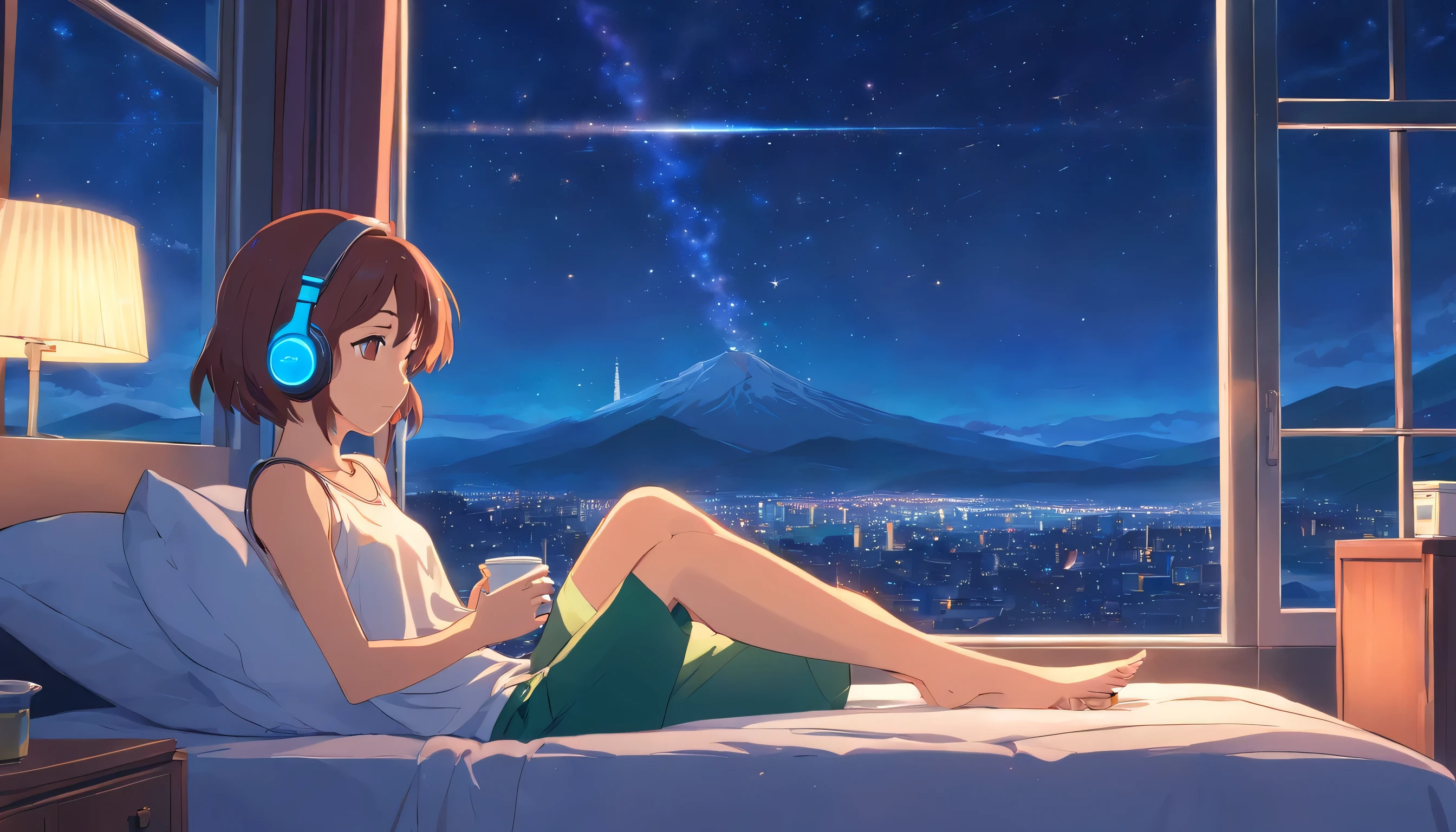 a girl enjoying beautiful scenery from window setting on bed, Drink coffee、 Put on headphones, Enjoy music , bed, Night Sky, Shining Star, Mountain々, comfortable, Surreal, ultra imagination view