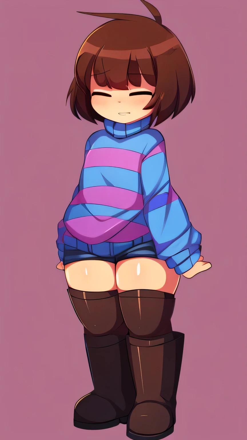 Solo, cute , flat chested, perfect eyes, perfect hands, ((high quality: 1.0)), (detailed), Frisk, canon, sfw, ((striped sweater)), turtleneck, shorts, boots, brown hair, short hair, bangs), closed eyes, thick thighs, by captainkirb, boy