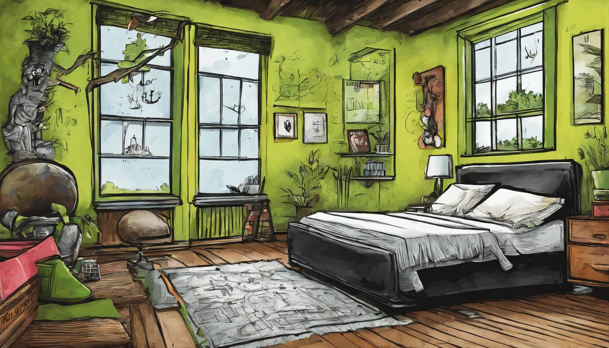 forest bedroom, relaxed scene, skull face, wearing streetwear, wearing black hoodie, wearing black trousers, wearing black bucket hat, wearing black sunglasses, wearing black sneakers, retro style, 60s 70s 80s. neon green, white, black tones ONLY. skull face. skull head., arte de splash do personagem, detailed scene, movie scene, hd, detailed, poster style, magazine style,ambience, lying in bed, nyc, window, bedroom scene, guitar, vinyl, american comic book style, dc comics
