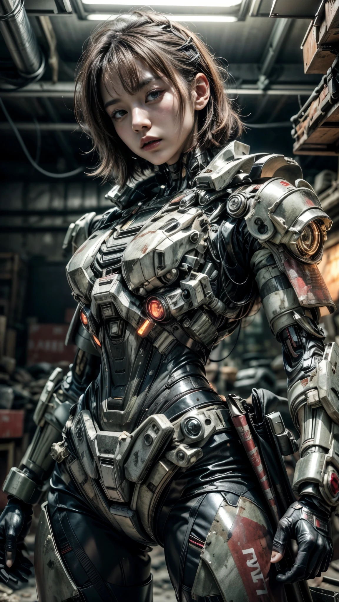 (Masterpiece, Best Quality, photorealestic:1.4), , (UHD, 8k wallpaper, High Resolution), japaness girl as a cyborg soldier in a cyborg military uniform with an M16 in her hands, dusty bodywork, dirty brown hair, dusty face, very tight musculature, dynamic pose, sharp expression. Against the backdrop of a ruined New York City, dressed in red black cyborg military uniforms with crimson trim, Oppressive atmosphere, postapocalypse, photon mapping