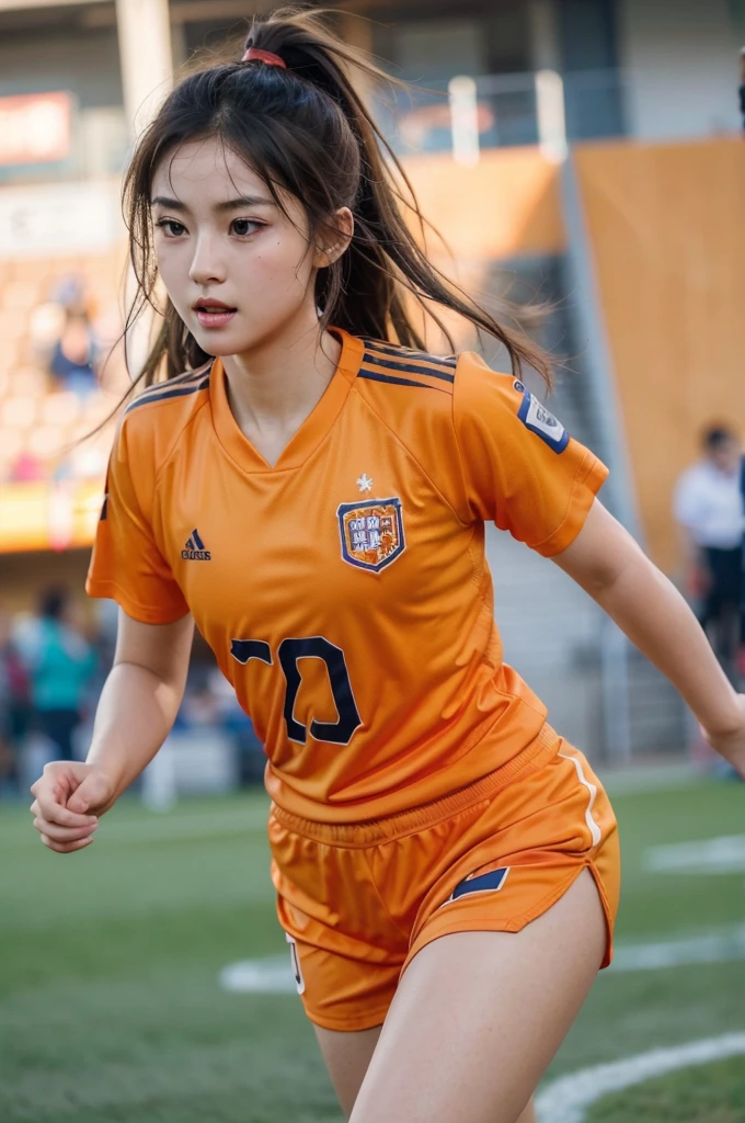 beautiful detail, best quality, 8k, highly detailed face and skin texture, high resolution, cute asian girl in orange soccer uniform at stadium, sharp focus