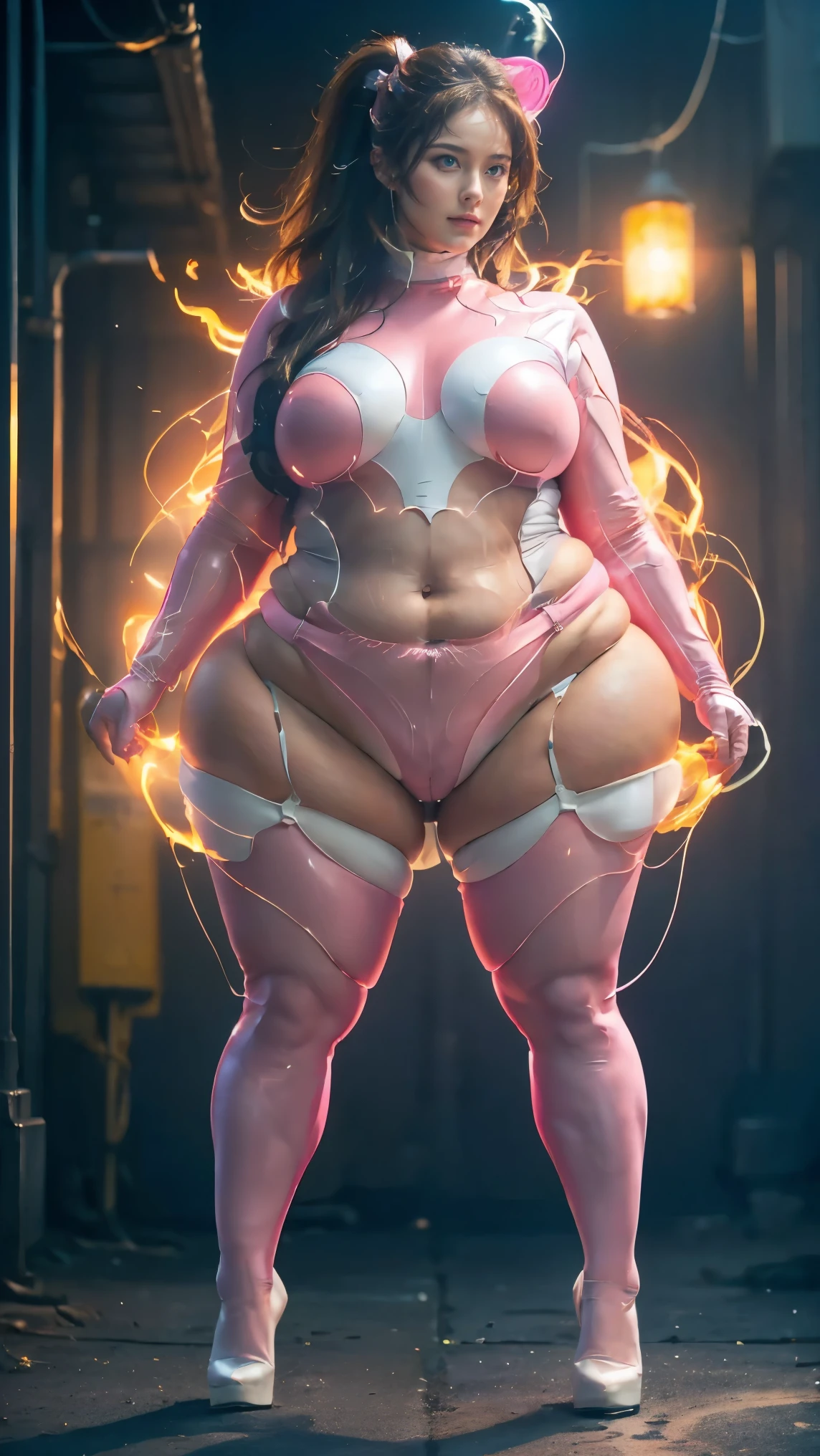 (highest quality、8k、32k、masterpiece、Ultra-high resolution:1.2、Perfect body beauty:1.2、Wearing a futuristic hero suit that glows in pale pink and white:1.5、rain、street、かわいい25歳のWhite woman、Big and ample breasts:1.5、front、Simple Background、Looking at the audience、Dynamic pose:1.8、sunlight、nswf:1.5 ((Pink rubber suit)),((drooping huge)),((heavy body)),((Wide Hips)),((Thick body)),((Fat belly)),((Fat girl)),((Chubby)),((Big Size)),((White woman)),((Brown Hair)),((short hair)),((blue eyes)),((Full body portrait))、Long socks、I can't see my bare skin、Full Body Suit、High heels、Full body portrait、ponytail、Hands on hips pose、Standing with feet shoulder-width apart、