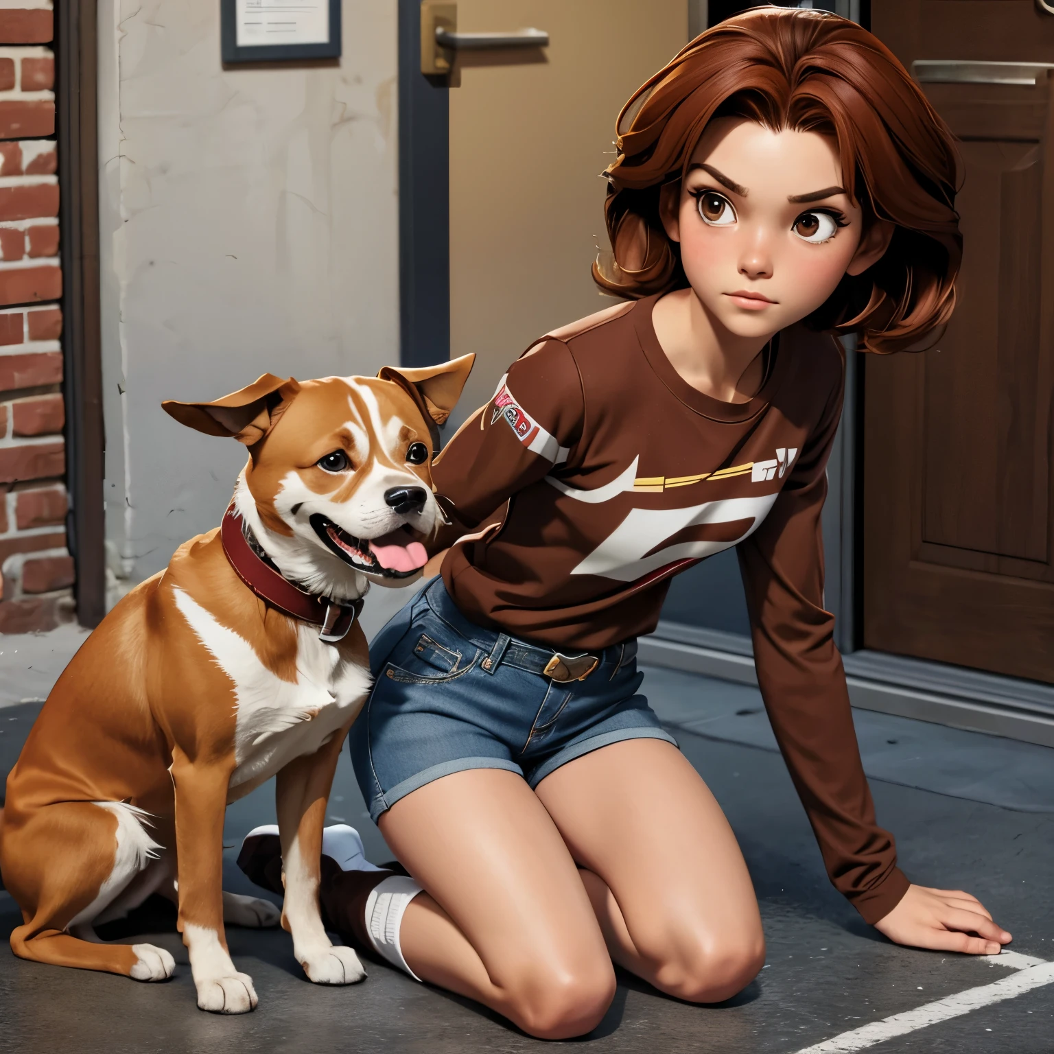 [Bolt super dog],Penny Forrester,Physical appearance
Penny is a slender, 13-year-old teenage girl with fair skin, short auburn hair, and brown eyes. She wears a red T-shirt over a brown long-sleeved shirt, denim grey shorts, grey and white striped tights, alongside brown socks with a red line and brown boots, which she mostly wears when she's

