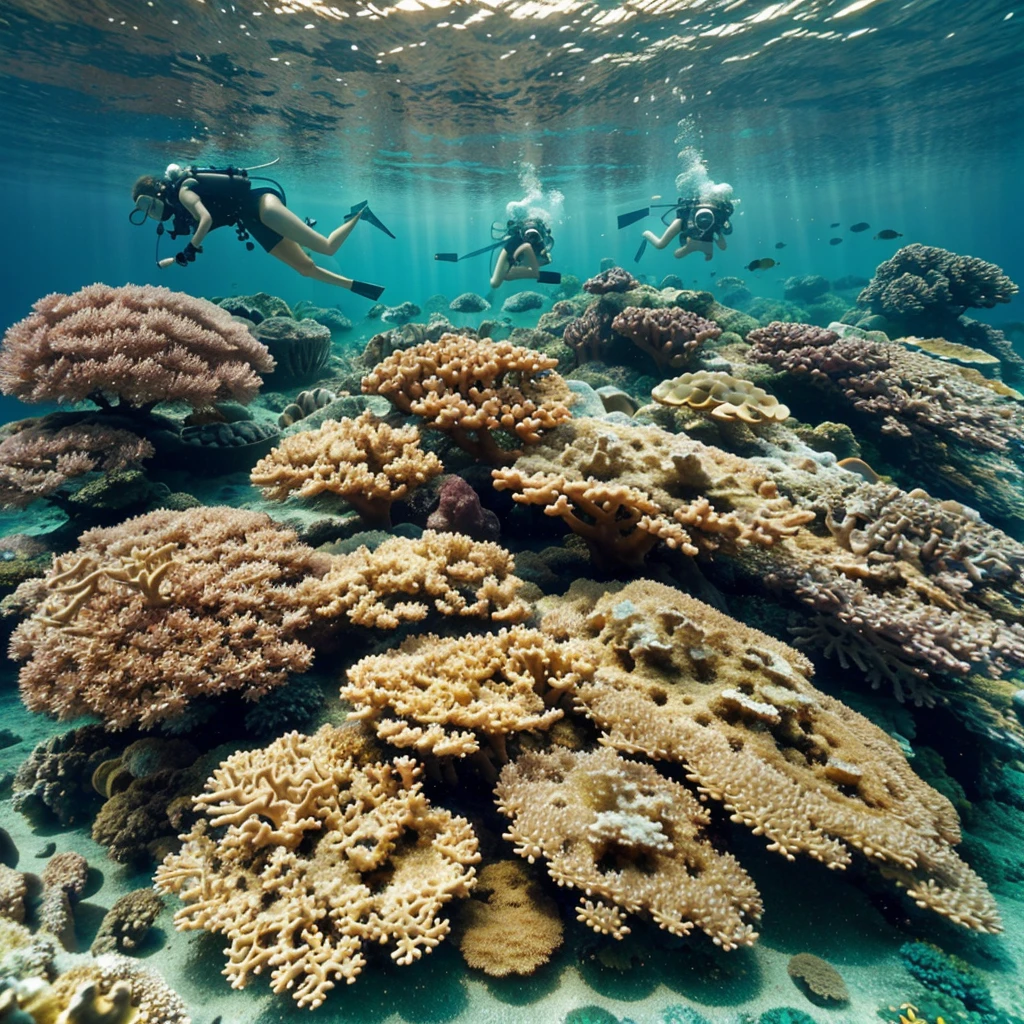 (best quality,4k,8k,highres,masterpiece:1.2),ultra-detailed,(realistic,photorealistic,photo-realistic:1.37), underwater divers, shimmering sunlight, colorful coral reefs, graceful sea creatures, tranquil blue ocean, dynamic underwater movements, subtle ocean currents, immersive ocean depths, vibrant marine life, mesmerizing underwater world, cinematic underwater photography, striking visual composition, masterful capturing of light and shadows, fluidity of the divers' movements, breathtaking diving experience, serene and peaceful underwater environment, sharp focus on intricate details of marine flora and fauna, professional diving expedition, vivid and vibrant colors, ethereal and dreamlike ambiance, intricate textures of the coral reefs, dynamic and energetic composition, captivating and otherworldly beauty, harmonious and enchanting underwater scenery, dramatic play of light and shadows, captivating and evocative storytelling, awe-inspiring and eye-catching visuals, immersive and realistic underwater exploration, mesmerizing and vivid depiction of marine life, magical and enchanting atmosphere.