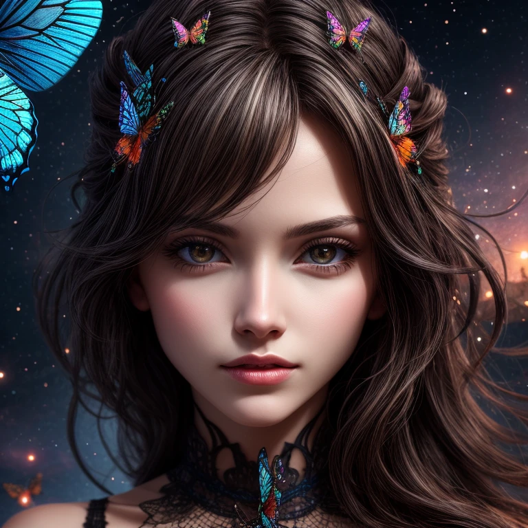 Recreates a portrait of a beautiful girl in the middle of an amazing space scene where many beautiful and bright butterflies fly around her in the universe and on her (((highlights a large butterfly with unique and beautiful details))), in front of the girl. magical photography, super detailed, (ultra detailed), (top quality, best quality, super high quality image, masterpiece), standard lens, dramatic lighting, 8k, UHD, intricate detail, (gradients), comprehensive cinematic, colorful, visual key , highly detailed, extreme detailed, hyper-realistic, (very detailed background, detailed landscape), delicate details, raw image, dslr,